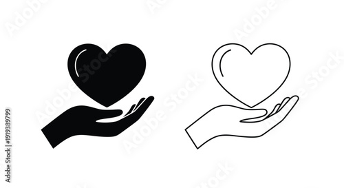 Two hands cradling hearts a black filled and a white outline version