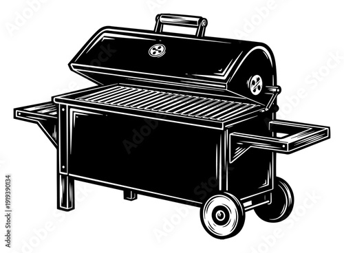 Barbecue Grill and Charcoal Smoker Vector Illustration, Outdoor Backyard BBQ Party Equipment Graphic, Cooking Meat and Vegetables Grill Silhouette