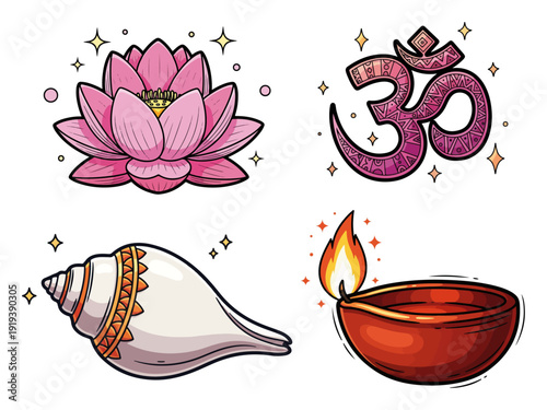 Sacred Hindu Symbols Set Vector, Pink Lotus Flower Om Sign Shankha Conch and Diya Lamp Illustration, Yoga and Meditation Spiritual Elements Graphic