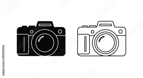 Two black and white illustrations of vintage cameras side by side