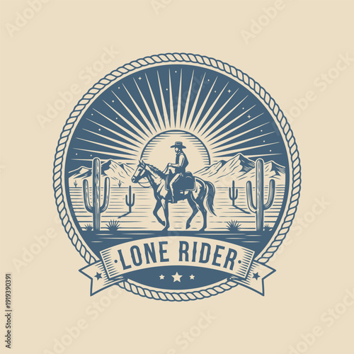 Lone Rider in the Desert: A lone rider on horseback traverses a vast desert landscape under a radiant sun.
