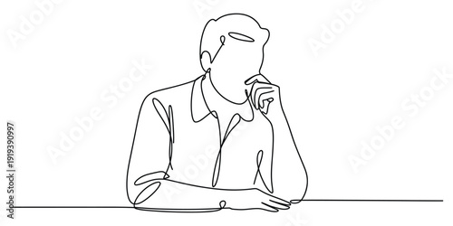 Illustration of continuous line drawing of a pensive man thinking at a desk