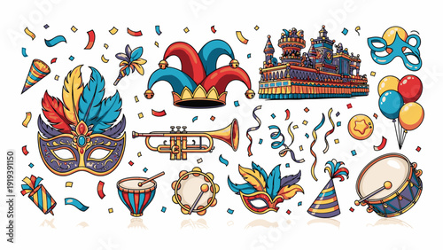 Colorful flat lay of various Mardi Gras party accessories and decorations on a white background with a festive mood.