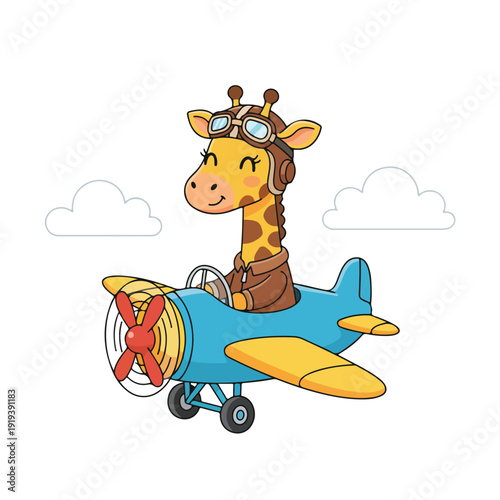 A cheerful cartoon giraffe, dressed as an aviator with goggles and a brown jacket, pilots a blue and yellow biplane through a sky with fluffy clouds.
