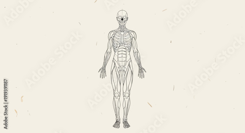 Detailed human anatomy illustration of skeletal and muscular systems. Full body diagram for biology and medicine.