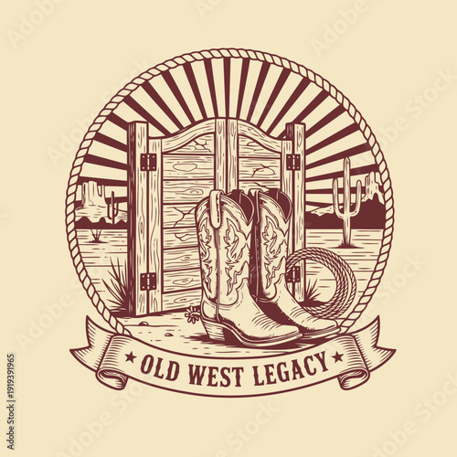 Western Heritage: Rustic boots and a classic wooden door represent the spirit of the Old West and American frontier culture. This vector image embodies the nostalgia and rugged charm of a bygone era.