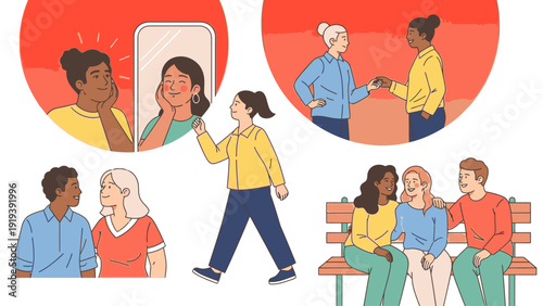 Illustration of diverse people interacting and communicating in various settings with a vibrant and social mood.