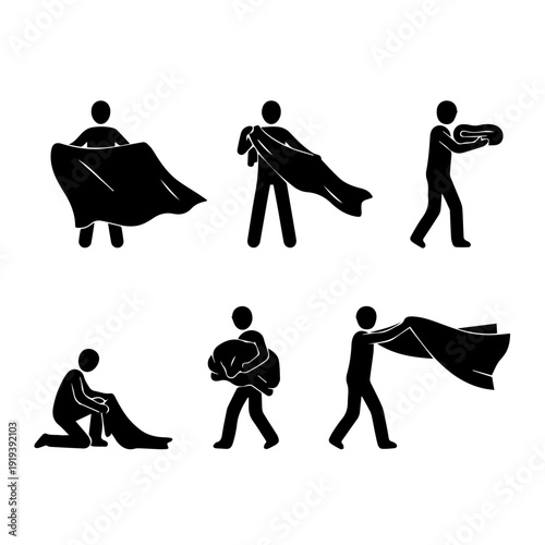 A set of illustrative stick figures depicting various human concept actions of handling fabric, like folding, spreading, and carrying textiles, representing daily chores and tasks