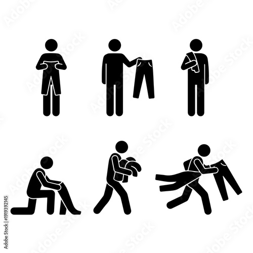 Collection of simple stick figure icons illustrating diverse human activities involving clothing management, including folding, carrying, dressing, and handling laundry or everyday apparel