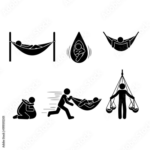 Vector Icon Set Diverse Stick Figures Showcasing Hammock Relaxation, Sleep, Carrying, and Effort in Various Everyday Life Scenarios and Comfort Levels