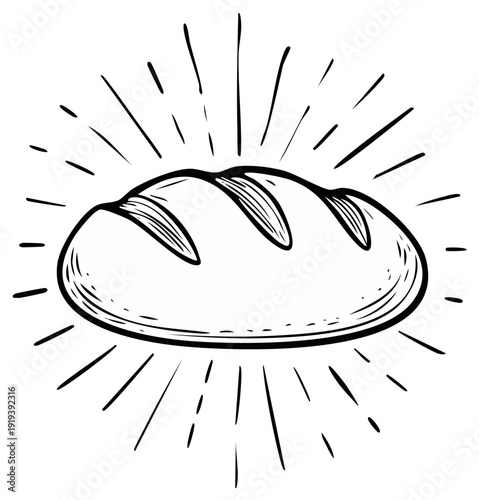 Artistic illustration of bread with sunburst design, bakery, baking, food, nutrition.