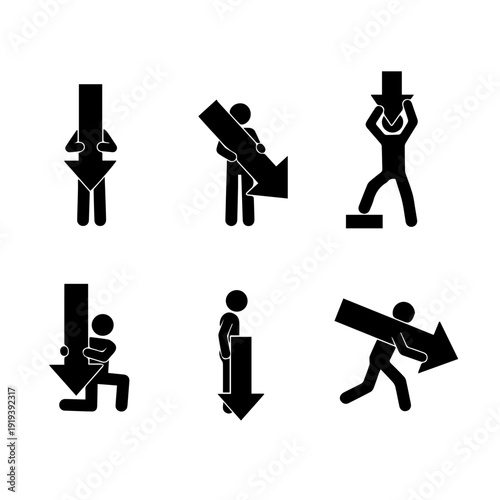 Various black silhouette stick figures interacting with large downward arrows, symbolizing concepts of decline, burden, effort, and directional movement in a graphic illustration