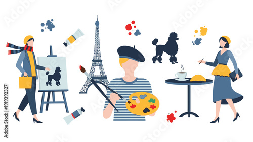 Illustration of artistic people engaging in creative activities with the Eiffel Tower and colorful puzzle pieces on a white background.