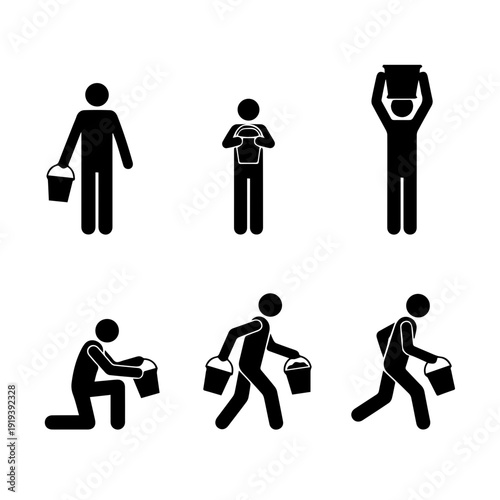 A versatile collection of varied stick figure icons illustrating diverse human actions involving buckets, depicting tasks like carrying, lifting, and working with materials