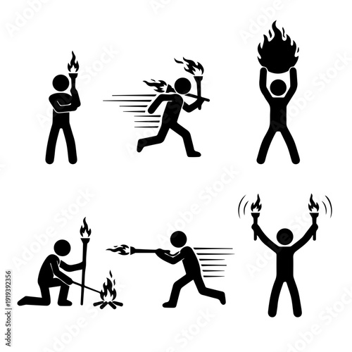 Dynamic stick figure pictograms illustrating diverse human actions involving torches and fire, representing concepts of light, struggle, victory, and primitive tools