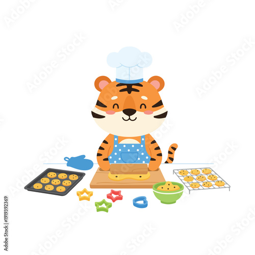 A cute cartoon tiger chef in an apron and hat happily bakes cookies, rolling dough and preparing cookie trays on a white background.
