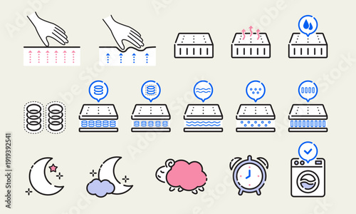 Mattress Structure and Sleep Quality Icon Set｜マットレス構造と快眠アイコンセット（ベクター）