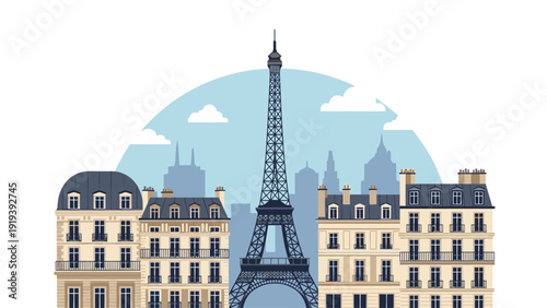 Illustration of the Eiffel Tower standing tall between historic buildings in Paris with a blue sky and white clouds in the background.