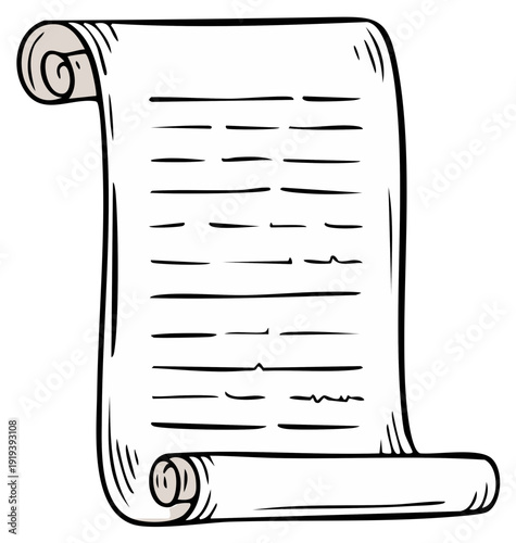 Hand drawn ancient scroll with text and rolled edges representing a document
