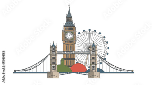 Illustration of Big Ben, London Bridge, and the London Eye in a stylized cityscape with colorful shapes, against a white background.