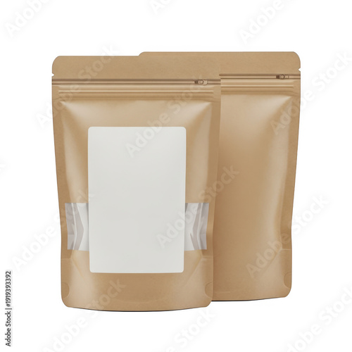 Brown kraft paper packaging bags with clear window isolated on transparent background