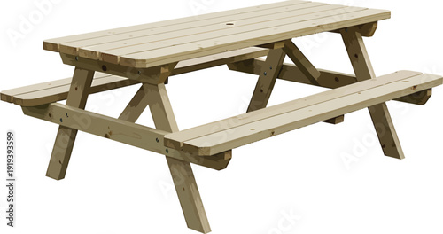 Wooden Picnic Table on White Background