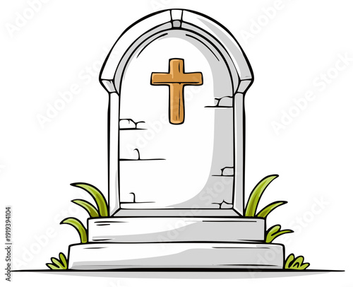 Stone tombstone with a wooden cross and grass elements in a simplistic illustration style