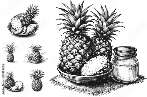 Tropical Summer Bliss Pineapple fruit vintage linework ink sketch hand drawn pen drawing summer vector illustration background