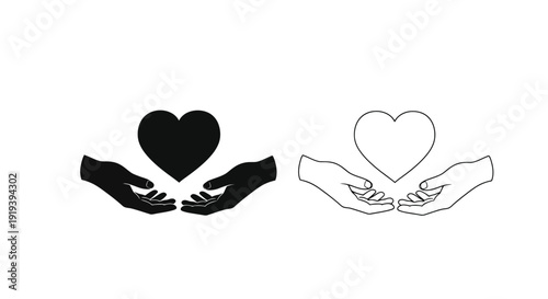 Hands cradling hearts a black and white illustration depicting care