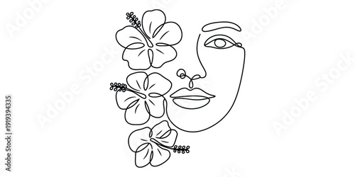 Minimalist one line drawing of a beautiful woman's face adorned with hibiscus flowers.