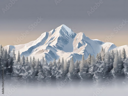 Majestic snow-capped mountain peak towering over a dense, frosted pine forest landscape