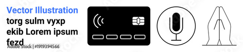Contactless payment, voice recognition, religious concepts, digital transactions, communication, and worship. A card, microphone and hands in prayer. Contactless payment and voice recognition