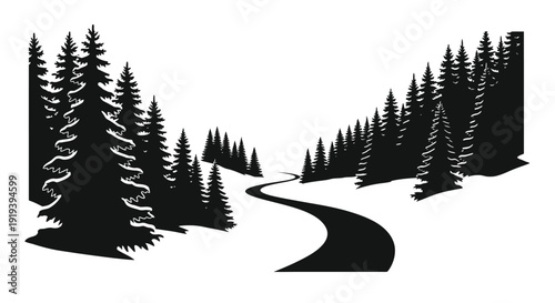 A winding path leads through a dense forest of silhouetted evergreen trees