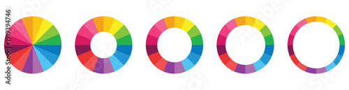 Pie chart color icons. Segment slice sign. set of colorful dark cool pie chart.  Colorful diagram collection with 1,2,3,4,5,6 sections or steps.