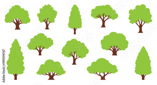 Collection of stylized green trees in various shapes and sizes