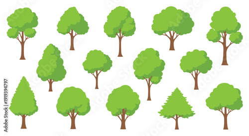 Collection of various green cartoon trees on a white background