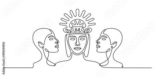 Minimalist continuous line art of tribal sun god with two faces