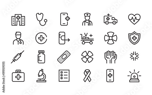 Hospital and medical health care editable stroke outline icons set isolated on white background flat vector illustration. Pixel perfect. 64 x 64.