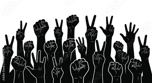 A multitude of raised hands displaying peace and solidarity gestures
