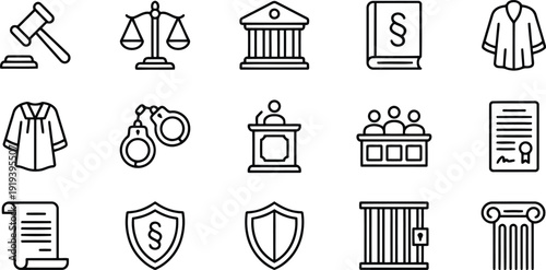 Collection of justice and legal system icons on transparent background