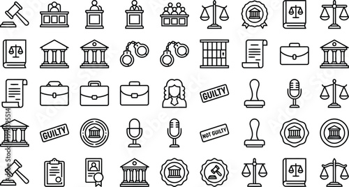 Collection of justice and legal icons on a white background