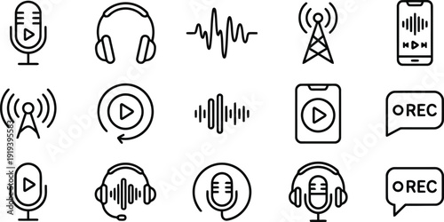 Collection of modern outline icons for podcasting and audio recording