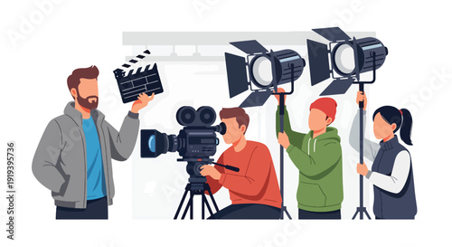 Professional film production team recording movie scene with director camera operator and studio lighting. Entertainment industry filmmaking process behind the scenes creative media concept