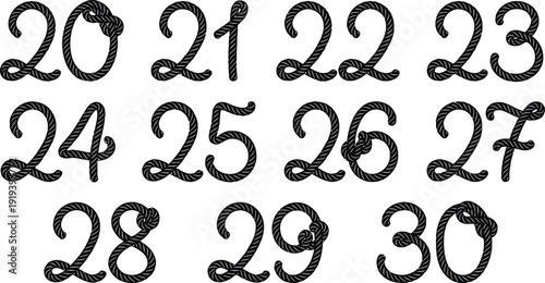 Collection of numbers 20 through 30 made from thick rope material