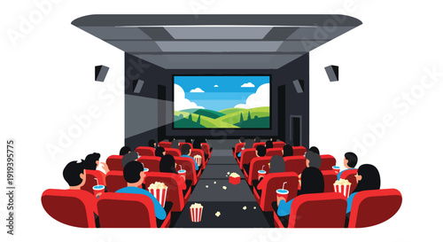 Audience watching film inside modern cinema theater with large screen and popcorn. Entertainment leisure activity and movie night concept for film industry and lifestyle illustration
