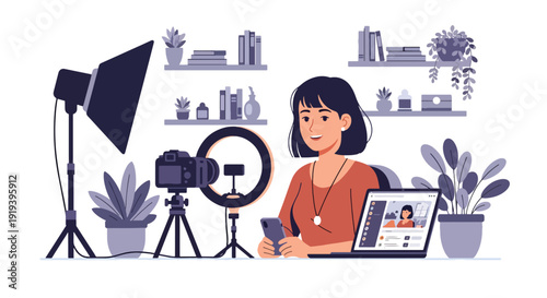 Digital content creator recording video with camera and ring light in home studio. Social media streaming entertainment and influencer marketing creative industry concept illustration