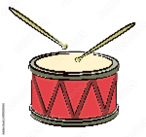 Pixel Illustration of red drum with drumsticks.