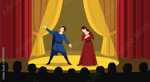 Actors performing dramatic play on theater stage with spotlight and curtain background. Performing arts entertainment and live show production creative industry concept illustration