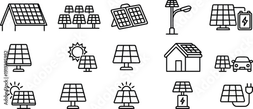 Collection of solar energy technology icons representing renewable power solutions