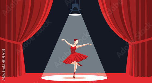 Professional ballet dancer performing on theater stage under spotlight. Performing arts entertainment and classical dance industry culture concept illustration